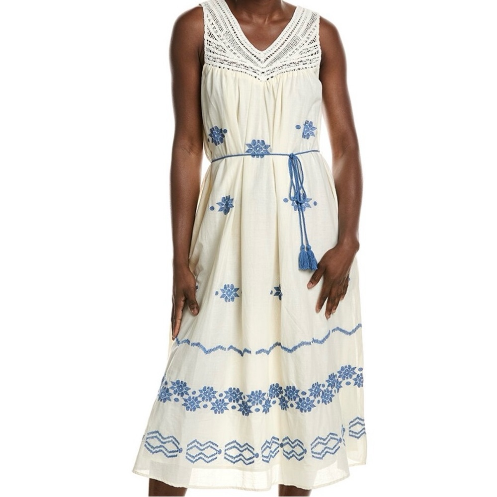 NEW Ellen Tracy Cream and Blue Embroidered Midi Dress